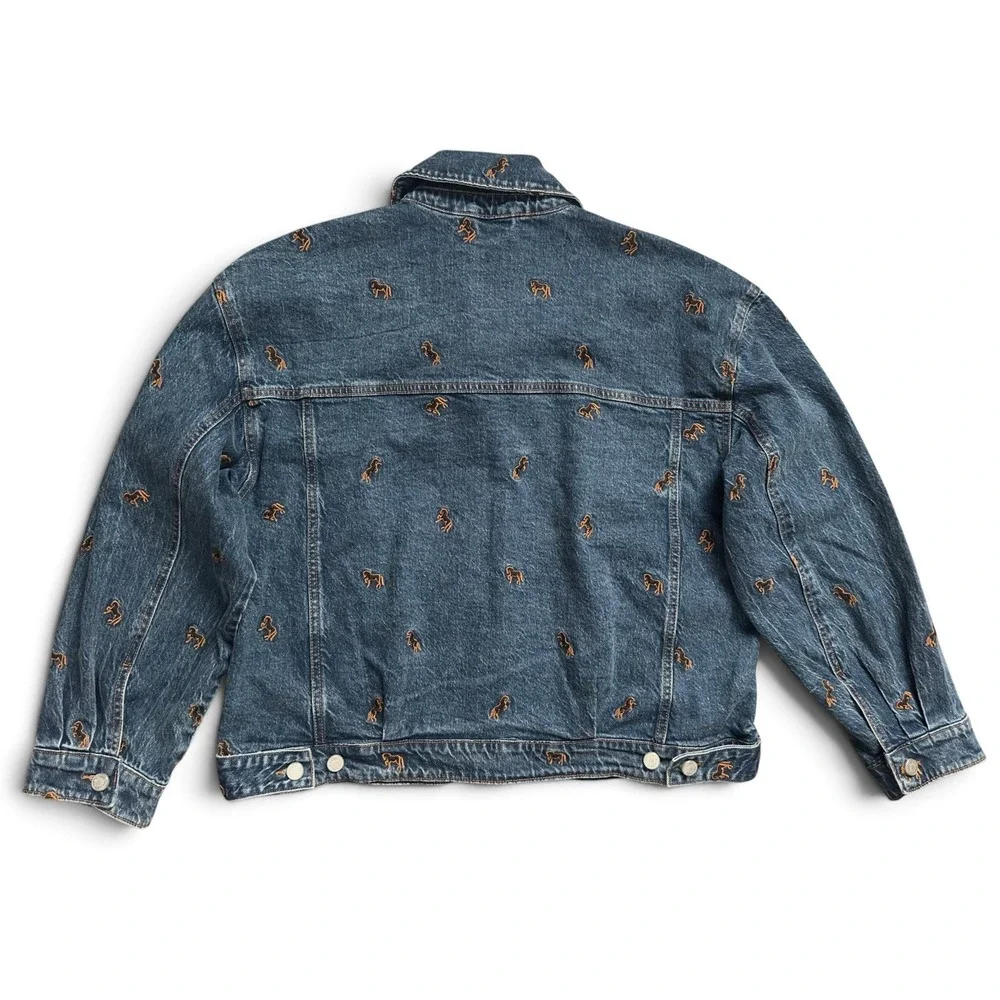 Avec Les Filles Horse Embroidered Denim Trucker Jacket Jean Blue Women's Size L